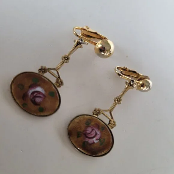 Art Noveau Cloissone Floral Dangle Drop Earrings Gold Tone - Picture 9 of 10